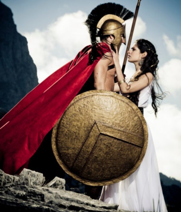 farewell between spartan warrior and queen, with original